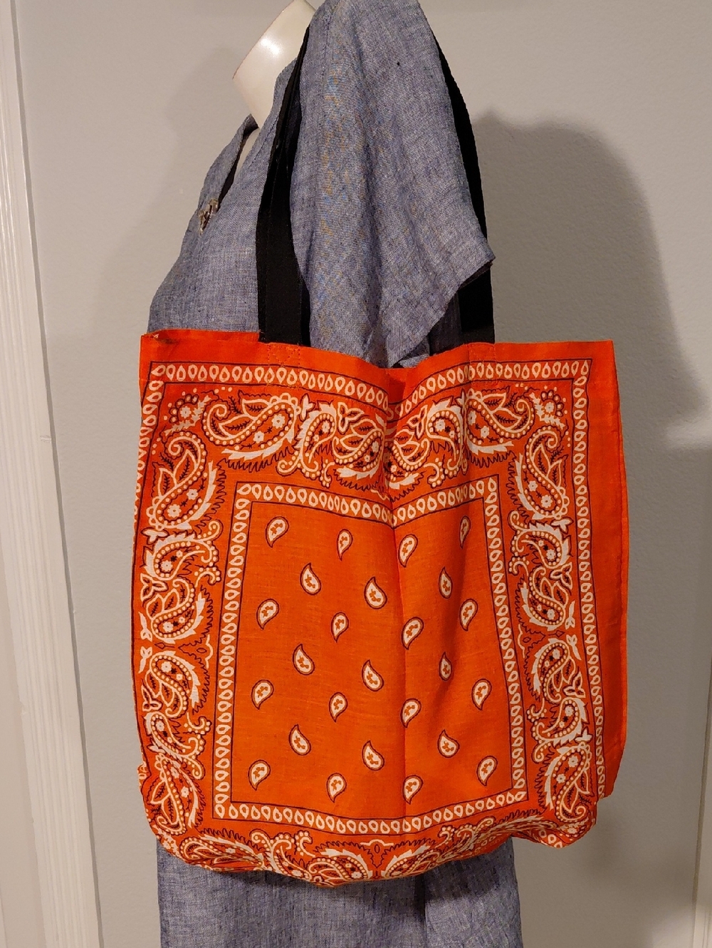 Orange Paisley Bandana Tote Bag with Black Straps
